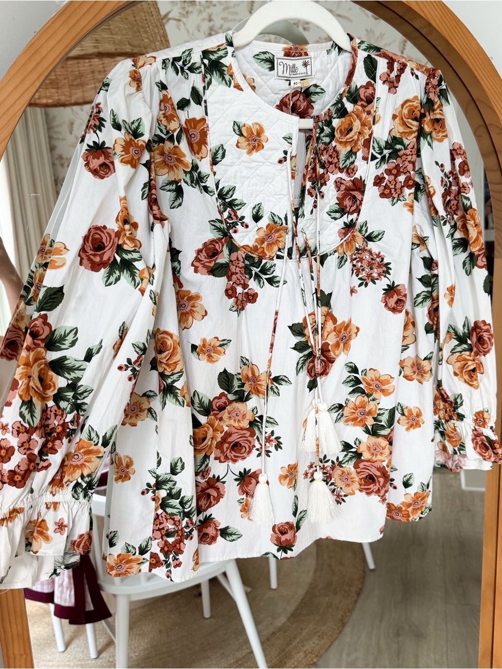 Millie / Floral Tie-Front Peasant Blouse in White with Mustard & Rust Flowers